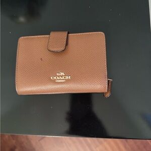 Coach Cognac Pebbled Leather Compact Wallet with Gold Logo